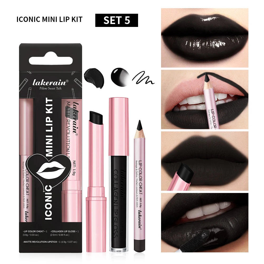 Waterproof Long Lasting Matte Black Lipstick Set Velvet Liquid Lip Gloss Lip Liner Set Red Stain Halloween Goth Makeup