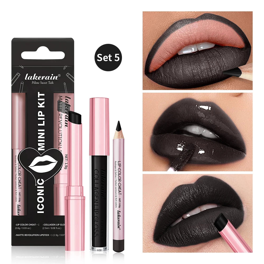 Waterproof Long Lasting Matte Black Lipstick Set Velvet Liquid Lip Gloss Lip Liner Set Red Stain Halloween Goth Makeup